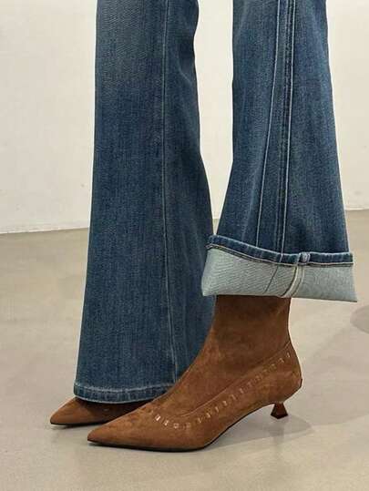 Botas de tacón fino y puntiagudas de diseño exclusivo coreano para mujeres, nuevas botas de tobillo de terciopelo de moda versátil para otoño/invierno 2025, botas de tacón de gatito