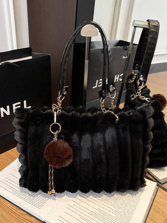 1pc Large Capacity Plush Zipper Tote Bag, Fashion Metal Chain Furry Autumn/Winter New Style Oversized Bag, Suitable For Women's Daily Use