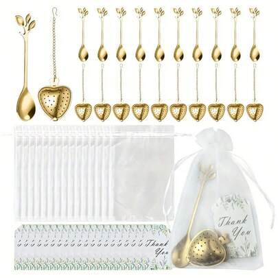 100/200pcs Wedding Favor Set - Wedding Guest Return Gifts - Wedding Souvenirs | Includes Heart-Shaped Tea Infuser, Mini Tea Spoon, Thank You Card, Transparent Organza Bag | Suitable For Weddings, Birthdays, Parties, Christmas, Anniversaries, Housewarming, Graduation | Wedding Party Supplies | Bridal Shower Favors | Guest Gifts