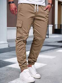 1pc Teenage Boys' Polyester Simple Front Tie Pocket Cargo Pants, Casual Daily Wear, Suitable For Spring, Summer, Autumn, Lightweight Style