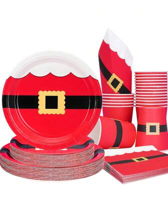 10pcs/20pcs/50pcs/80pcs Red Santa Belt Christmas Party Supplies Disposable Party Dinnerware Set Christmas Napkins Cups Napkins Christmas Party Decorations For Xmas Holiday Dinner Home