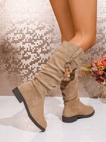 女士西部风格过膝长靴，卡其色时尚过膝长靴，中筒粗跟长靴，褶皱折叠粗跟长靴，圆头休闲/派对棕色流苏踝靴 - 卡其色 - 查看 5