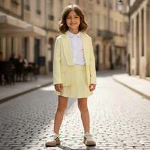 CONJUNTO SHORT SAIA PLISSADO PREGAS  COLEGIAL BLAZER DE ALFAITARIA INFANTIL ESTILOSO BLOGUEIRINHA - Amarelo - Visão 2