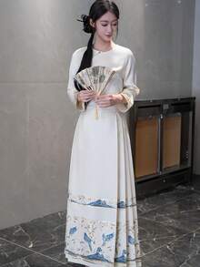 1pc Oriental Floral Embroidery High Waist Pleated Skirt, Slimming Design, New Chinese Style Modified Ma Mian Skirt, Versatile Essential For Petite Women - White - View 2