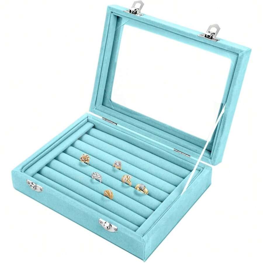 Jewelry Box Rings Organizer Tray 7 Slots Velvet Jewelry Earring Storage Box With Transparent Lid Jewelry Display Case For FFgirls Women (Light Blue){Inchcolor_nameinch:InchLightBlueinch} - Lightblue - 查看 1