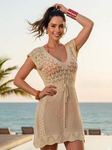 Short Beach Cover-Up, Lace Slit Dress, Crochet Knit, Summer - Sand - View 5