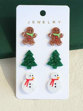 3 Pairs/Set Women's Shiny Christmas Snowman, Christmas Tree, Christmas Cookie, Gingerbread Man Acrylic Earrings, Elegant Holiday Party Accessories
