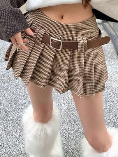 Women's Houndstooth Pleated Mini Skirt With Belt, A-Line Style, Suitable For Christmas Costume Play