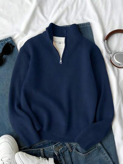 1 قطعة كنزة صوفية بولوفر كاجوال مريحة ذات لون أحادي مناسبة للأولاد والمراهقين، مناسبة للارتداء في الأماكن المغلقة والخارجية، دافئة وسميكة، مناسبة للخريف والشتاء