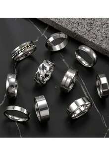 10件套简约不锈钢戒指套装，简约链条设计，宽边戒指，男士日常佩戴