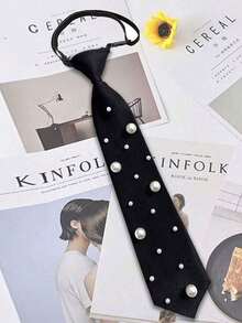 1pc Women's Solid Black Necktie, Slouchy Tie For Uniform Shirt Suit Everyday Use - 珍珠領帶 - 查看 3