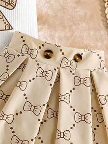 Conjunto de blusa de manga corta con decoración de lazo y falda para niña preadolescente - Caqui - Ver 5