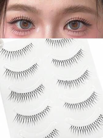 5对带尖尾的假睫毛，整片式，日式漫画风格，整簇透明睫毛杆，完整睫毛，锥形隐形透明睫毛杆，浓密睫毛