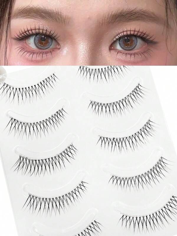 5 Pairs Of Fake Eyelashes With Pointed Tails Whole One Piece Eyelashes Japanese Comic Style Eyelashes Whole Cluster Of Transparent Stems, Complete Eyelashes, Tapered Invisible Transparent Stems, Thick Eyelashes