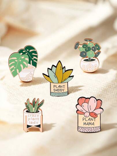 1/5pcs Cute Cartoon Potted Plant Brooch, Turtle Leaf, Aloe Vera, Metal Plant Lapel Pin, Decorative Accessory For Bag, Clothing