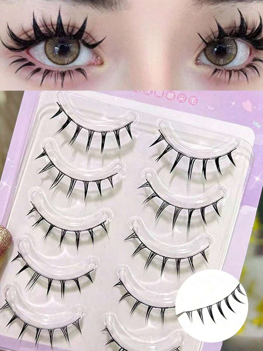 5对透明锥形加厚山茶花动漫风格假睫毛，柔软自然浓密，尖头猫眼造型，日常妆容清新睫毛 - 黑色 - 查看 1