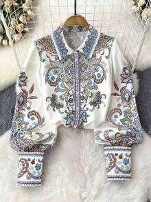 Sukienka damska w dużym rozmiarze, jesienna, w stylu boho, z kołnierzykiem koszulowym i nadrukiem, na wakacje, elegancka odzież damska na festiwal, bluzka z długim rękawem i kołnierzykiem typu "knebel"