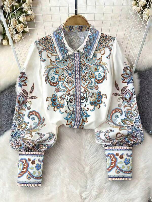 Sukienka damska w dużym rozmiarze, jesienna, w stylu boho, z kołnierzykiem koszulowym i nadrukiem, na wakacje, elegancka odzież damska na festiwal, bluzka z długim rękawem i kołnierzykiem typu "knebel"