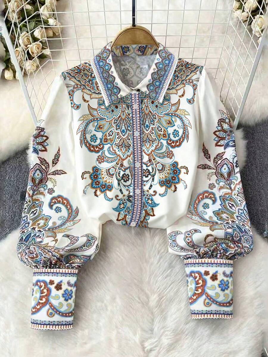 Sukienka damska w dużym rozmiarze, jesienna, w stylu boho, z kołnierzykiem koszulowym i nadrukiem, na wakacje, elegancka odzież damska na festiwal, bluzka z długim rękawem i kołnierzykiem typu "knebel"