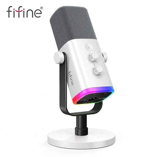 FIFINE ميكروفون USB/XLR للبودكاست والألعاب، ميكروفون ديناميكي مع إضاءة RGB قابلة للتحكم، كتم الصوت باللمس، مقبس سماعات رأس، قاعدة مكتبية، ميكروفون صوتي للغناء والألعاب والبث والبودكاست - FIFINE AM8 أبيض