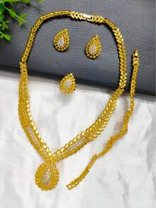 4pcs Women's Gold-Plated Rhinestone Leaf Jewelry Set - Necklace, Bracelet, Ring, Earrings, Suitable For Weddings, Parties, Halloween, Christmas, Birthdays, Holidays, Daily Wear, Great Gift For Mom, Sisters, Girlfriends, Alloy Jewelry