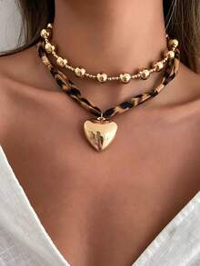 2pcs/Set Bohemian CCB Beaded Fabric Leopard Print Choker Necklace With Heart Pendant, Luxurious & Elegant, Suitable For Vacation, Party, Wedding, Casual Wear, Street Style, Women & Couples, Holiday & Birthday Gift - Necklace - View 2