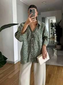Plus Size Floral Print Button-Front Shirt, Elegant For Everyday Wear - Green - View 2
