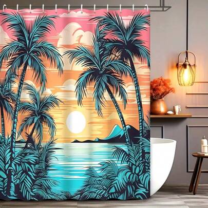 1 pieza Cortina de ducha impermeable con patrón de árbol de coco, incluye ganchos, divisor de baño resistente al moho, accesorios decorativos para partición de baño