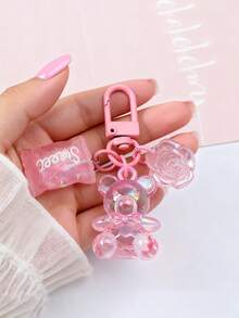 Transparent Colored Resin Teddy Bear + Rose + Candy Mobile Phone Charm - Candy Bear Keychain Pendant, For Bags & Purses, Keys, Simulation, Mini, Simple Style, For Ladies' Handbags, Keychain - Pink - View 8