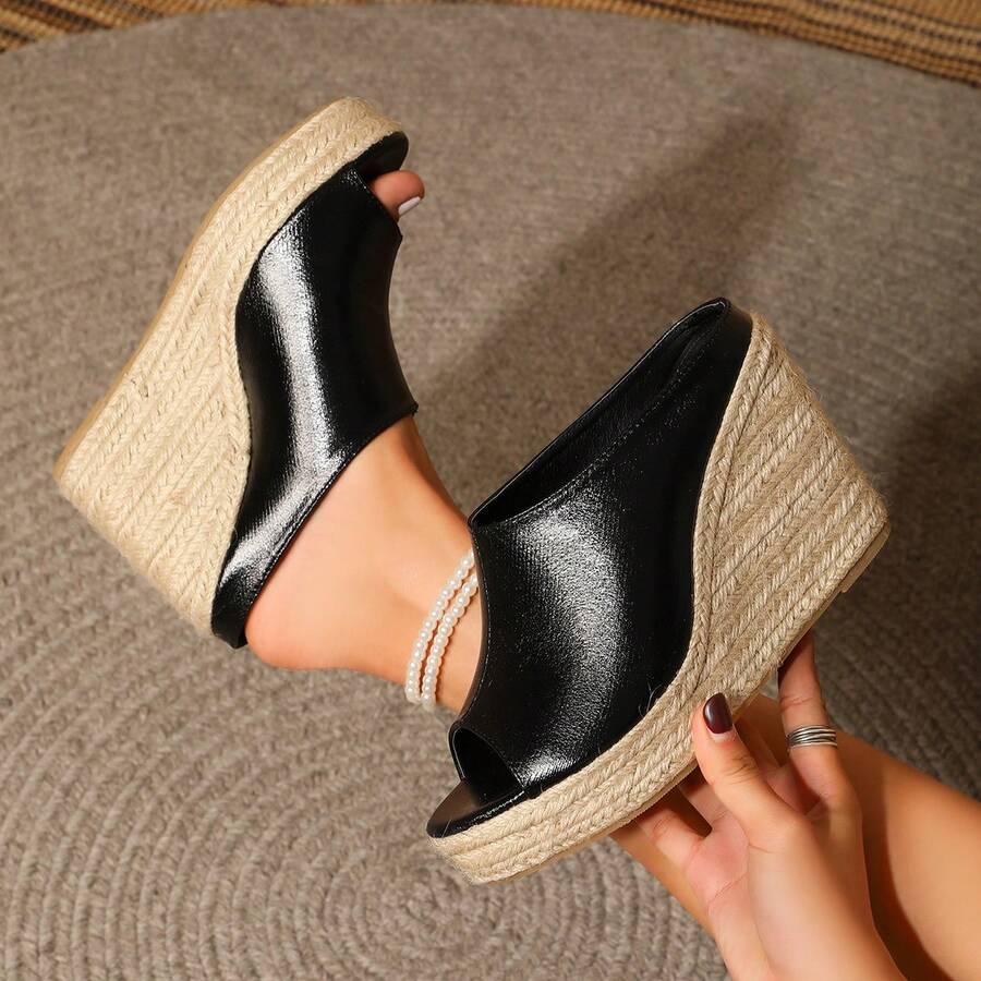 Shiny Peep-Toe Fashionable Linen Rope Platform Women Slippers