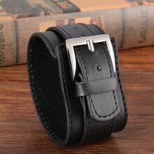 MensPunk Rock Black Wide PU Leather Wrist Belt Cuff Bracelet For Husband Son Boyfriend Gifts - 黑色 - 查看 5