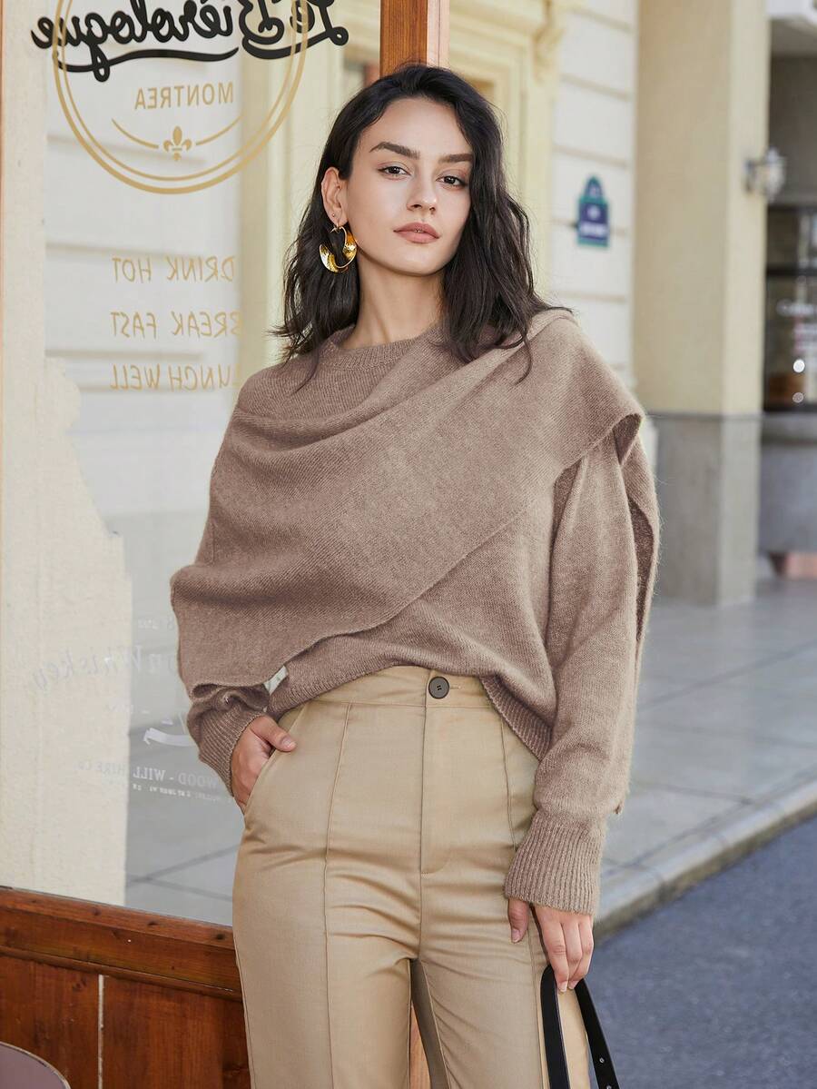 女士纯色蝙蝠袖拼接斗篷毛衣,优雅时尚设计,春季款 - 卡其色 - 查看 1