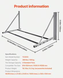 Wall Mounted Folding Tire Rack, 32" - 48" Adjustable Tire Rack, Q235 Heavy-Duty Steel Tire Storage Rack For R14-R20 Inch Standard Tires, Max 300lbs Load Capacity For Garage Workshop Repair Shop - 32-48 Inches - View 7