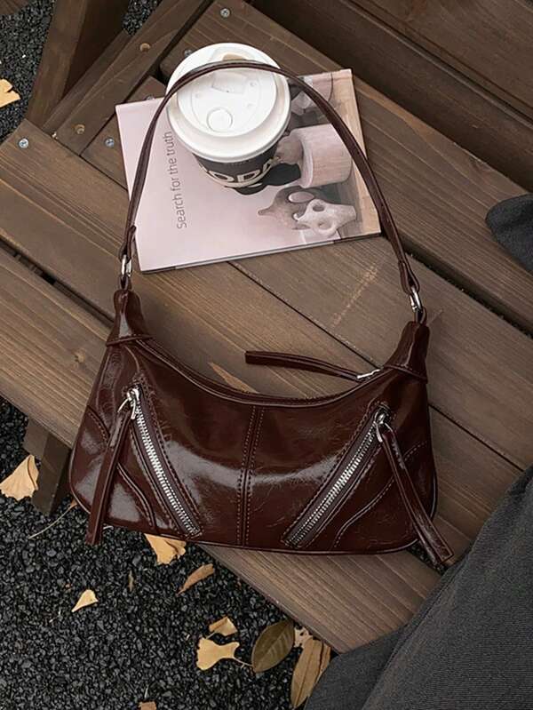 Fashionable Retro Zipper Decor Women Shoulder Bag