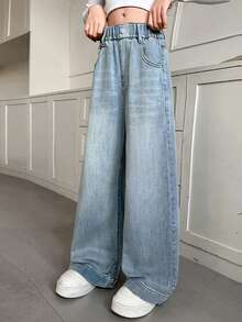 少女松紧腰宽松直筒休闲百搭蝴蝶刺绣牛仔裤 - 藍色 - 查看 3