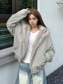 Women's Short Warm Thick Padded Coat With Fur Collar, Winter Outerwear