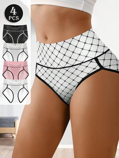QUASTI 4pcs Women's Mid-Waist Seamless Panties, Mesh Dot Design, Comfortable Fit, Breathable, Great Gift Choice