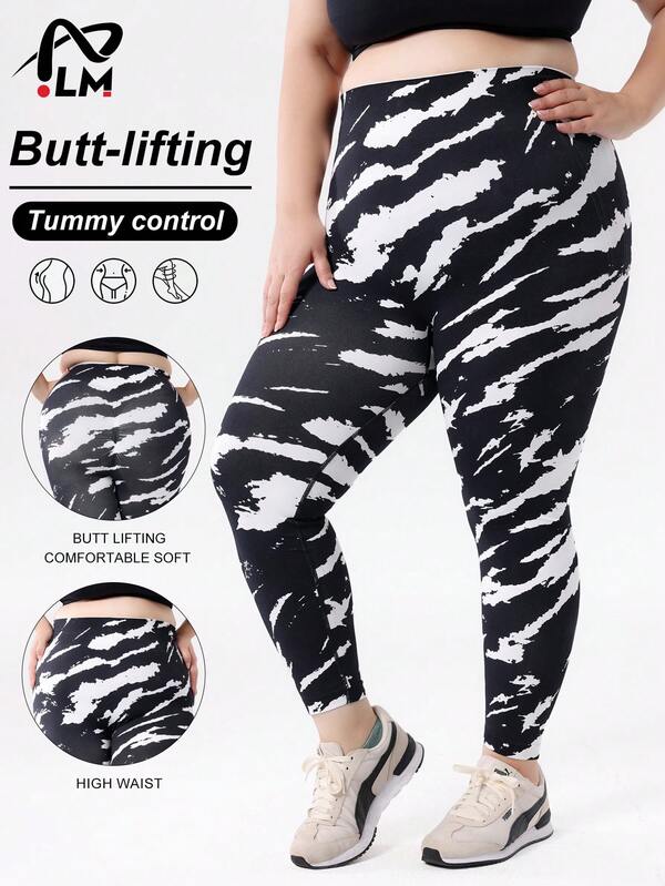 Leggings de yoga imprimés pour femmes grandes tailles - sans couture, pantalon de sport à haute élasticité, motif imprimé noir et blanc, tissu doux mélangé de nylon à haute élasticité, vêtements de sport d'extérieur Style sportif, convient pour la course, la fitness et le yoga