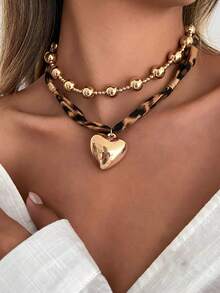 2pcs/Set Bohemian CCB Beaded Fabric Leopard Print Choker Necklace With Heart Pendant, Luxurious & Elegant, Suitable For Vacation, Party, Wedding, Casual Wear, Street Style, Women & Couples, Holiday & Birthday Gift - Necklace - View 12