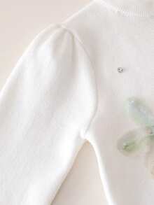 2pcs Set: 1pc Girls Cute Floral Beaded Sweater Pullover & 1pc Butterfly Beaded Knit Sweater With Pants Set, Suitable For Casual Daily Wear In Spring, Autumn, Winter