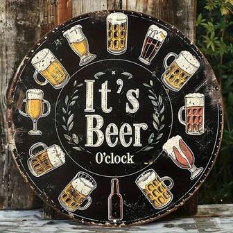 7.8x7.8 Inch Vintage Metal Sign "Time To Drink", Funny Beer Themed Round Iron Poster, Vivid Graphic, Retro Wall Art Suitable For Bar, Cafe, Beach House And Backyard