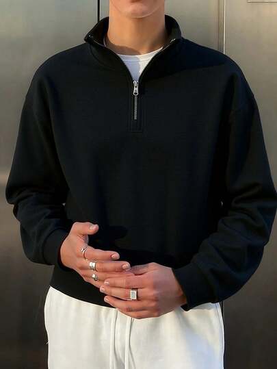 Men's Solid Color Loose Fit Pullover Sweatshirt With Stand Collar And Half Zipper, Suitable For Spring And Autumn