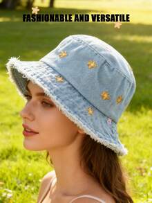 1pcButterfly Knot Cute Spring And Autumn Denim Solid Color Embroidered Bucket Hat, Slimming Face, European And American Small-Circle Outdoor Travel Stylish Hat