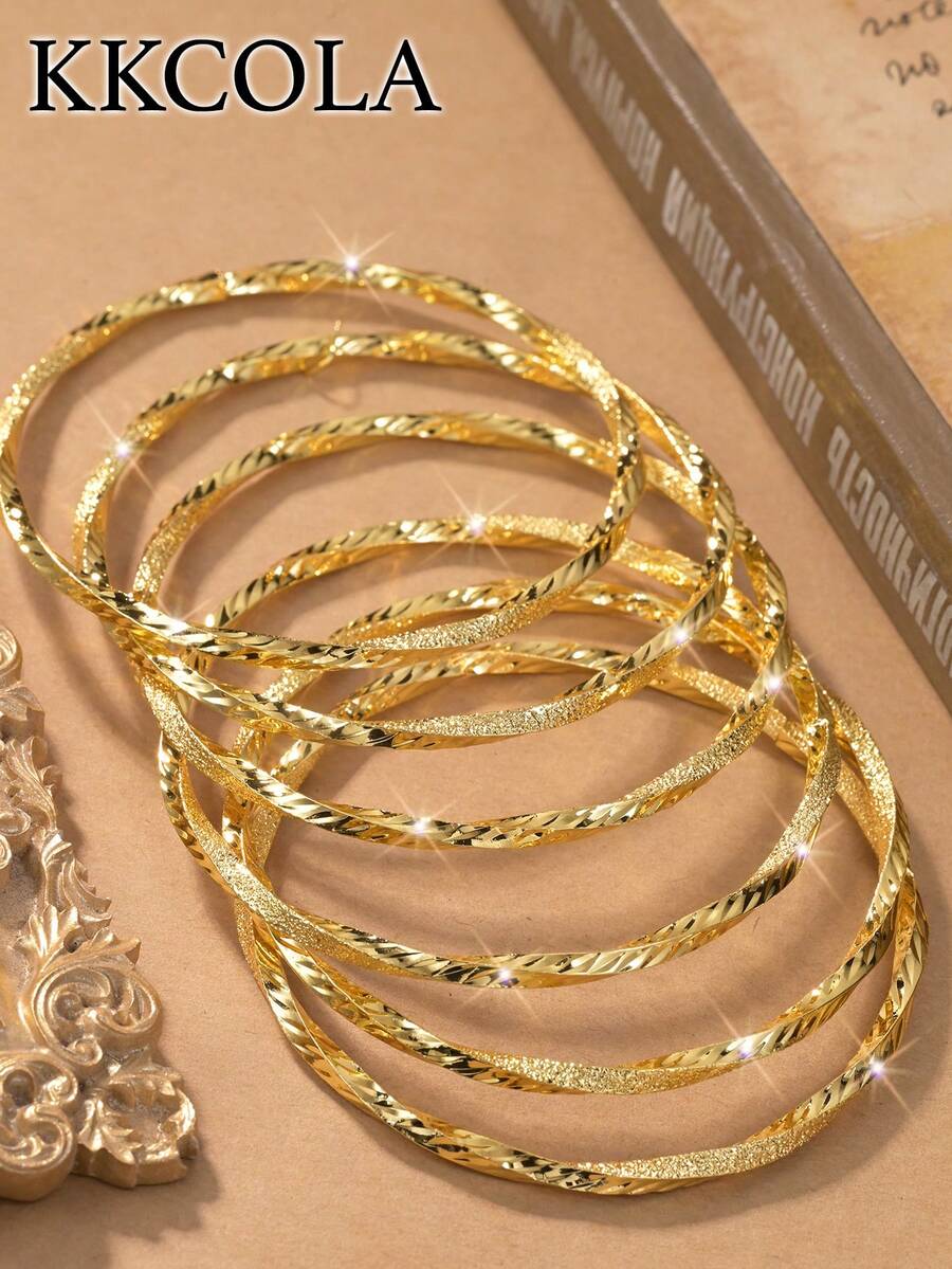 KKCOLA 6pcs Fashionable Twist Knot Bangle Bracelets, Boho Style, Party/Festival Gift, Jewelry Accessories, Daily Wear - Yellow Gold - View 1