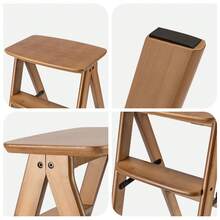 Natural Bamboo Folding Ladder – 3-Level Stepping Stool With Reinforced Structure – Lightweight & Multi-Function For Kitchen, Laundry Room Or Patio - 棕色 - 查看 6