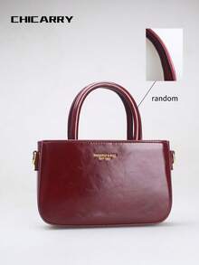 Borsa a tracolla quadrata da donna di colore unito con tracolla rimovibile, charm a forma di cane in metallo, motivo con stampa di lettere, borsa a tracolla elegante bordeaux, chiusura con cerniera, fodera in poliestere, stile vintage, adatta per lo shopping e le uscite