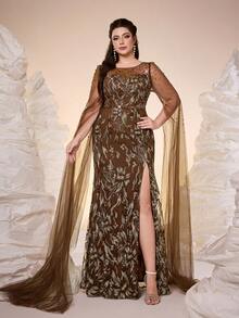Amber Kate, Neuankömmling, Rundhalsausschnitt, transparent, bestickter Spitze, Perlenbesatz, Applikation, Rüschenärmel, Bodycon, Schlitz, hochwertiges Abendkleid, geeignet für: Ball, Hochzeit, Party, Hochzeitsgast, formelles Dinner, braunes Kleid - Kaffeebraun - Übersicht 1