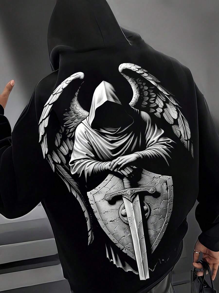 Sudadera con capucha casual de estilo urbano con estampado de guerrero ángel para hombres