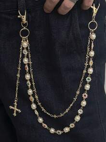 1 pieza Cadena de pantalón de lujo con múltiples capas de cristales y perlas falsas, estilo retro, para hombres y mujeres, cadena decorativa para la cintura de los pantalones