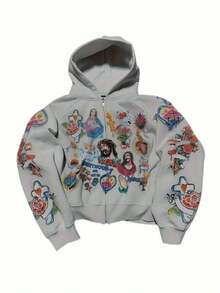Y2K Oversized Pink Zip Up Hoodies - Distressed Jesus Graphics Printing Hoodies Winter Essentials American Style Vintage Streetwear With Pockets - trắng - Xem 5